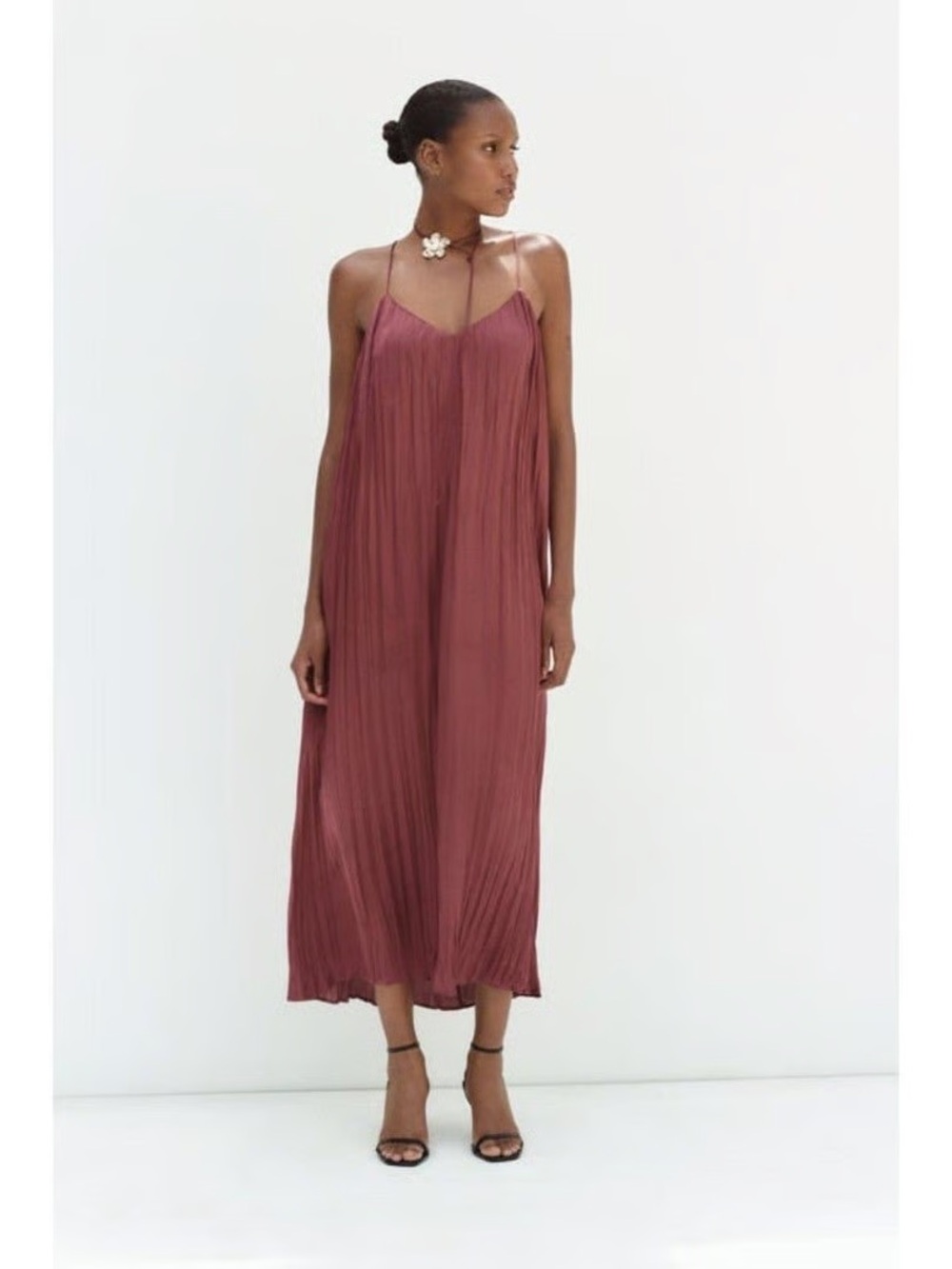 Zara Burgundy Pleated Spaghetti Strap Maxi Dress